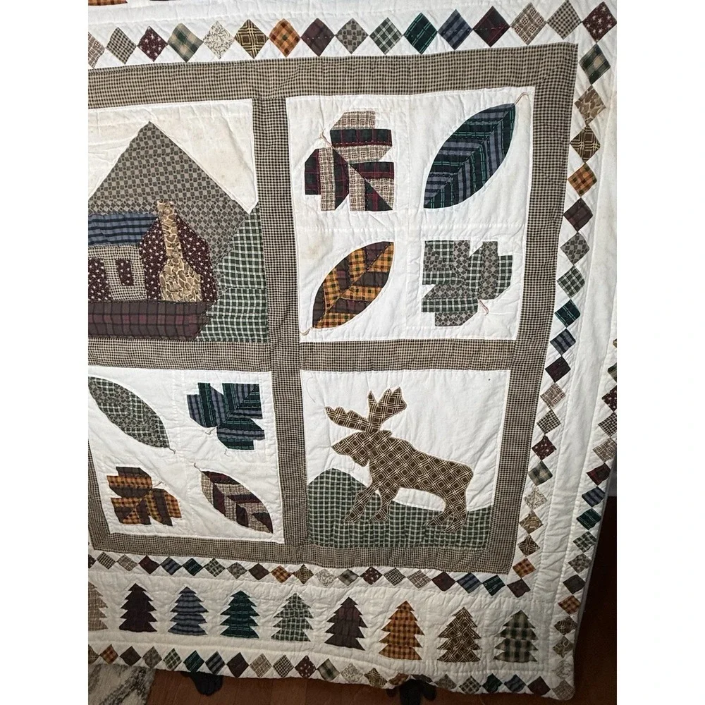 Vintage Patchwork Quilt Rustic Christmas Cabin Moose Lodge-Style Sampler 58x47